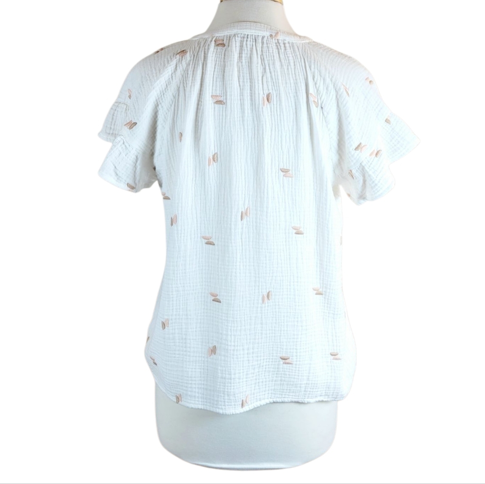 MADEWELL Embroidered Lightspun Ruffle Sleeve Henley Top White Neutral M - Picture 7 of 10